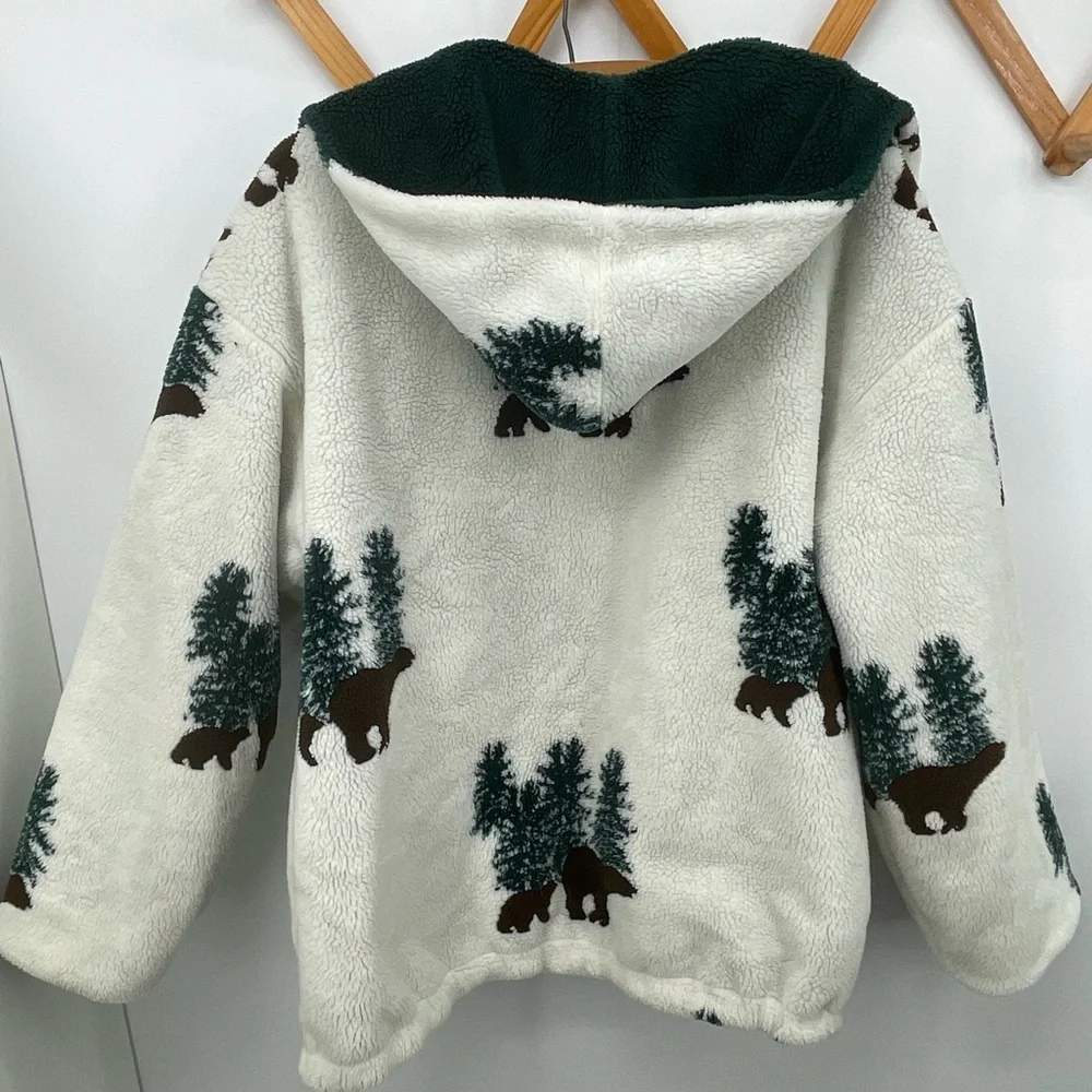 ⭐️Vintage Country Woods Forest Print Cream Fleece Zip-Up Hoodie